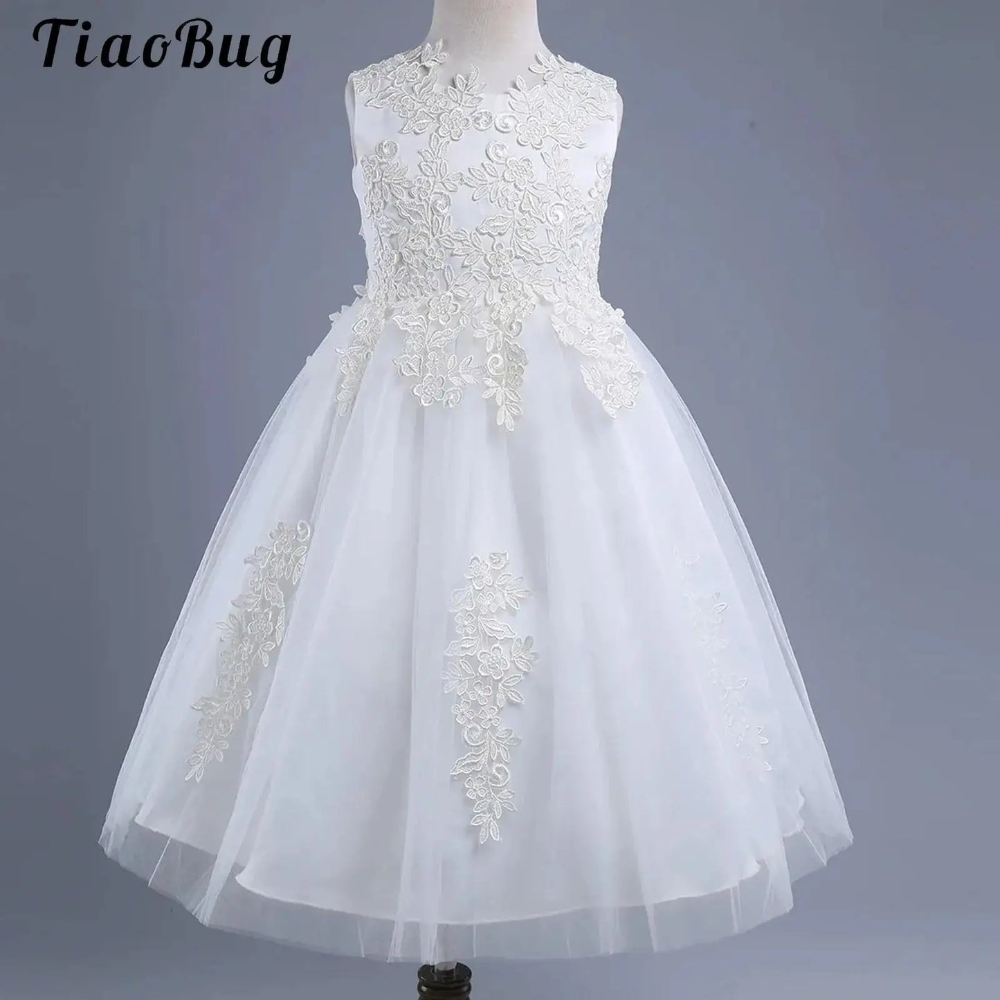 Blumenmädchenkleid mit floraler Spitze für Kinder, bestickt, für Hochzeit, Festzug, Brautjungfernkleid, ärmellos, Taufe, Kommunion, Ballkleid.