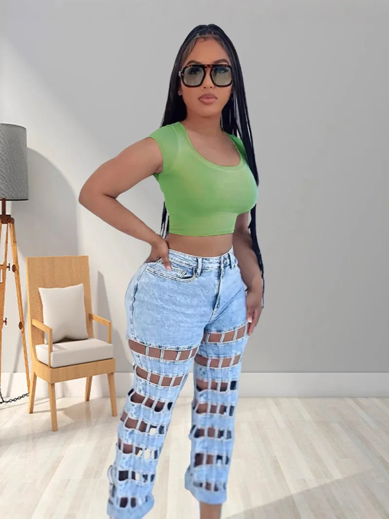 Holes Jean Hollow Out Jeans Women Straight Pants High Waist Vintage Ripped High Waist Zipper Fly Ankle Length Distressed.