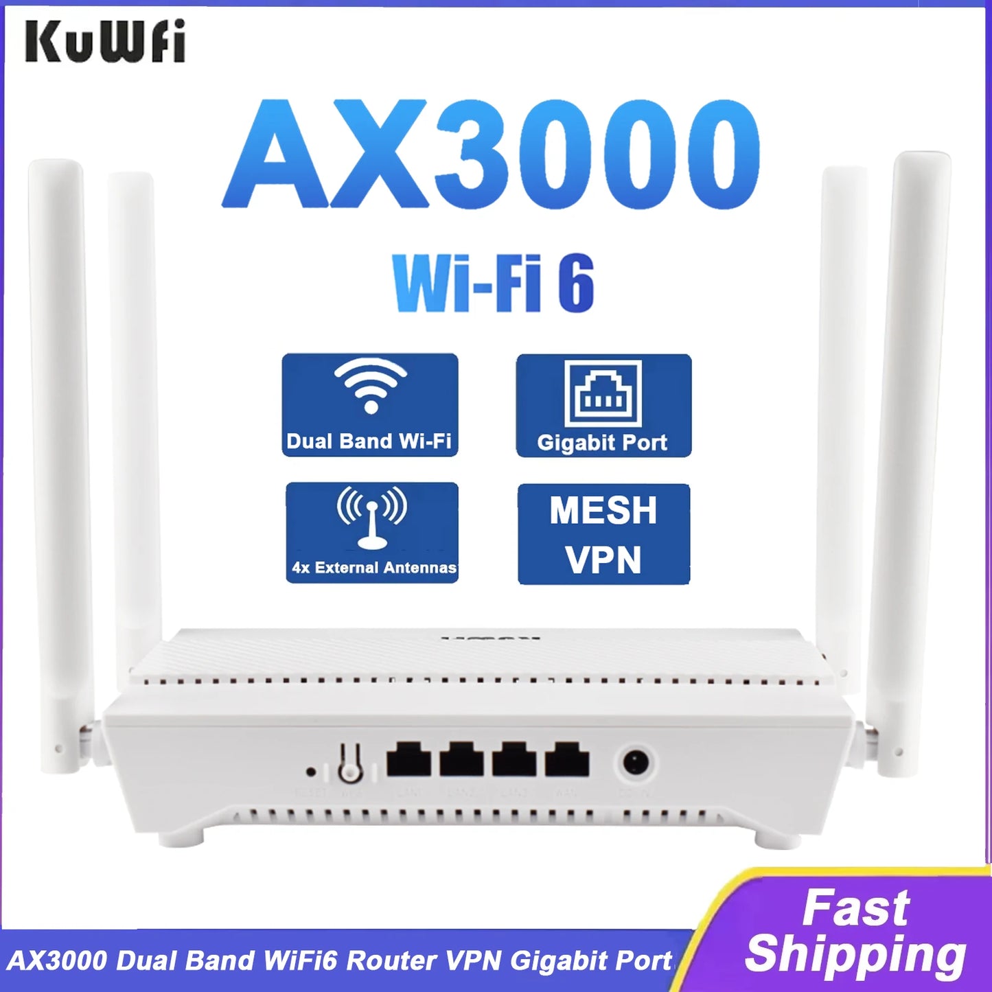 KuWFi AX3000 WiFi Router 3000M 2.4G 5G Dual Band WiFi6 Gigabit Ethernet Port External Antenna Support AP Repeater MESH VPN WPS.