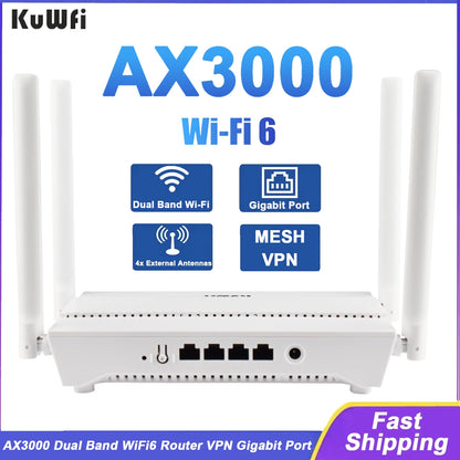 KuWFi AX3000 WiFi Router 3000M 2.4G 5G Dual Band WiFi6 Gigabit Ethernet Port External Antenna Support AP Repeater MESH VPN WPS.