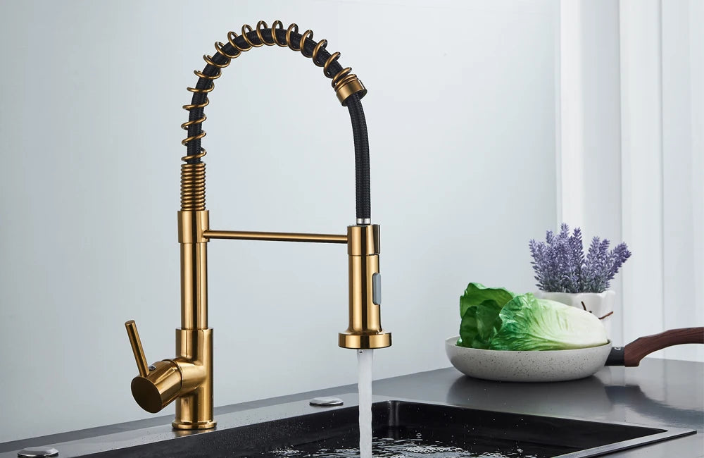 Brushed Gold Kitchen Faucet Pull Down 2-way Spray Single Handle Hot Cold Water Mixer Tap 360 Rotation Torneira Cozinha Mixer Tap