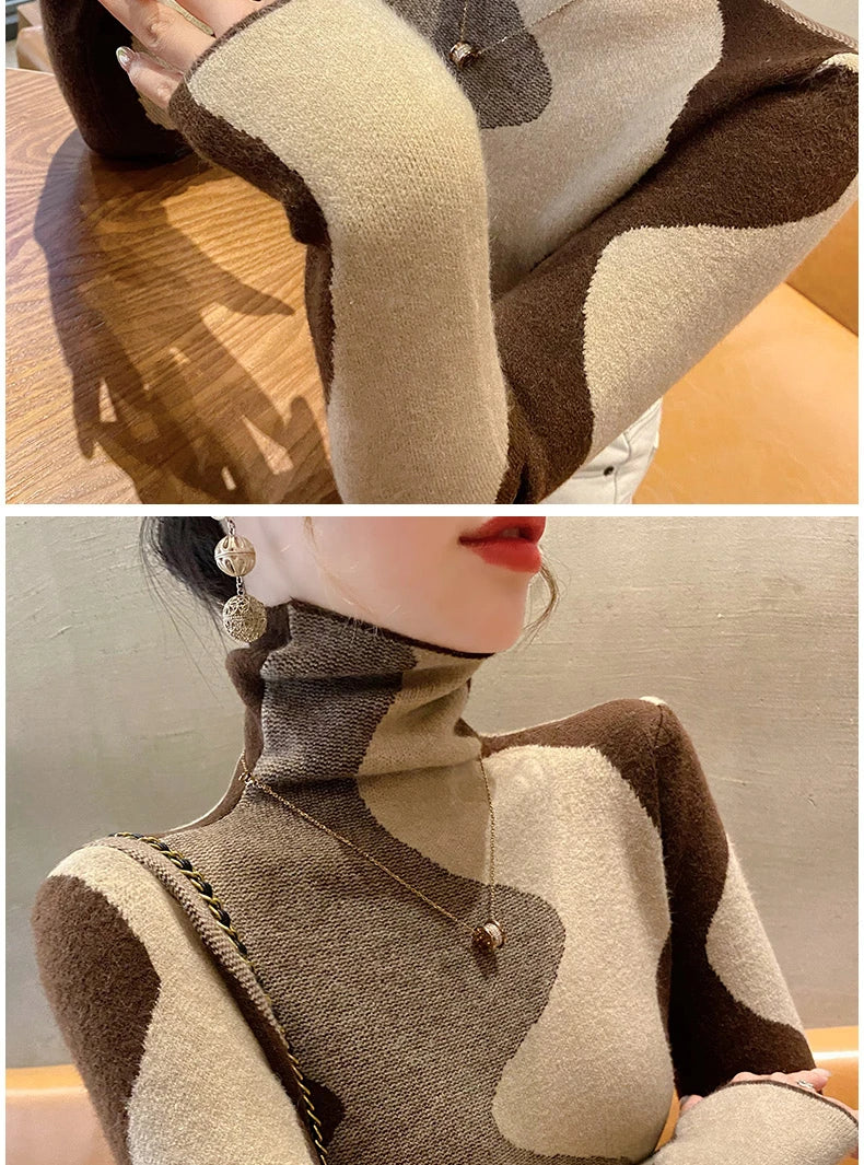 Women Clothing Vintage Fashion Slim Turtleneck Sweaters Autumn Winter Elegant Chic Patchwork Knit Pullovers Office Lady Tops.