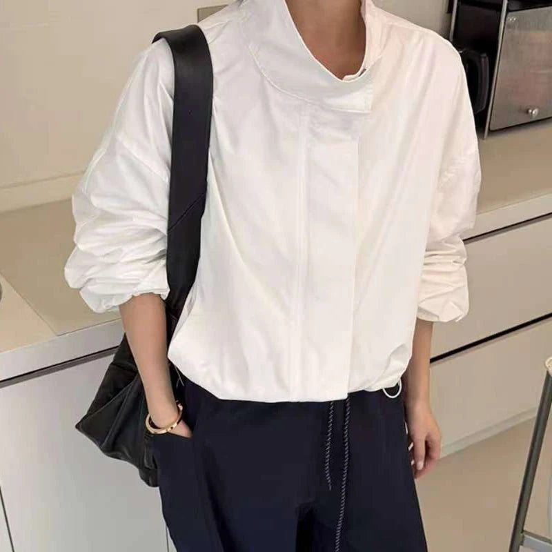 Straße Solide Zipper Dünne Jacke Frauen Stehen Kragen Volle Hülse Kordelzug Straße Jacken 2025, Herbst Dame Casual Outwears Neue.