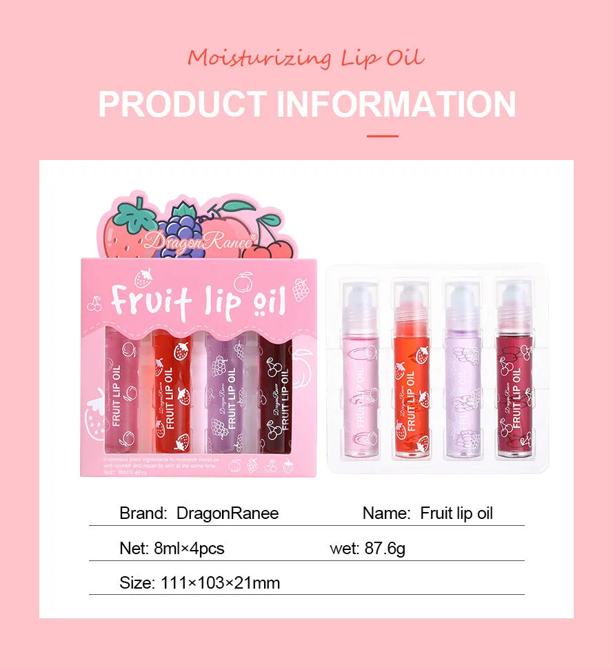 Set of Four Rolling Head Lip Oils Moisturizing Hydrating Roller Ball Lip Care Anti-Drying Transparent Lip Blam for Lip Health.