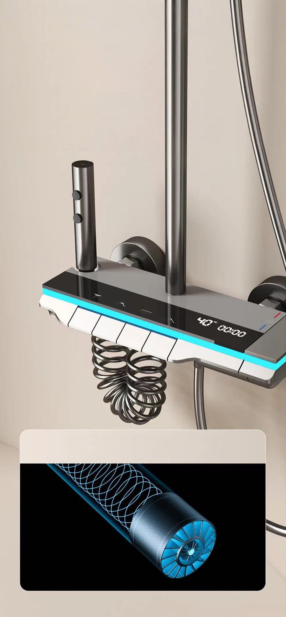 Bathroom Shower System Brass Mirror Surface Temperature-Controlled for Bathtub Faucet with Digital Display, LED Strip