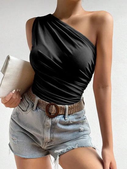 Women One Shoulder Pleated Tank Top Summer Solid Sleeveless Ruched T-shirt Streetwear Off the Shoulder Top.
