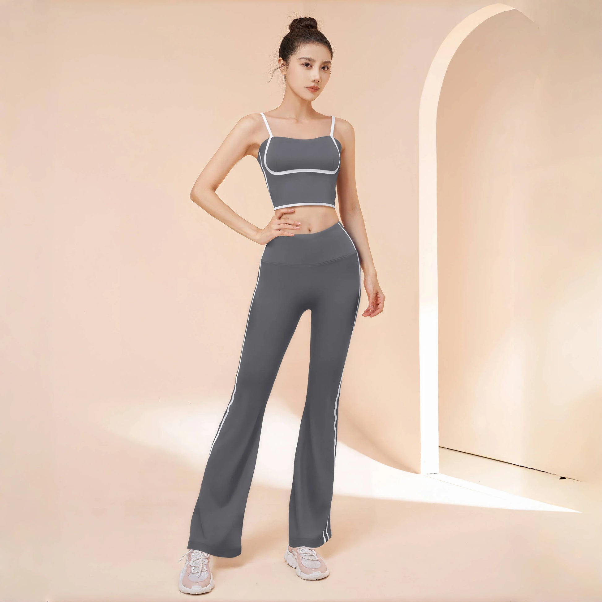 2025 New Striped Fashion Yoga Set Women Gym Clothes Sexy Sports Bra High Waist Yoga Flared Pants Running Hip Lift Fitness Pants.