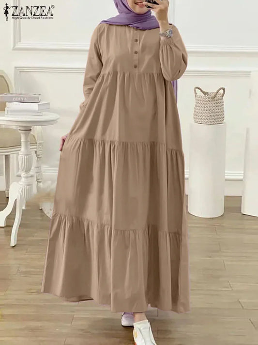 ZANZEA O Neck Casual Loose Maxi Dress Tiered Islamic Hijab Women Long Sleeve Long Vestidos Muslim Fashion Autumn Abaya Robes.