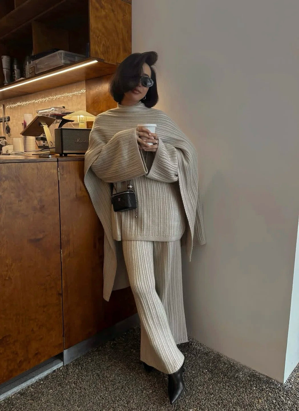 Hirsionsan Soft Elegant Vintage Women Suits 3 Pieces Female Sets O Neck Sweater & Wild Leg Pants with Scarf Knitted TrackSuit.