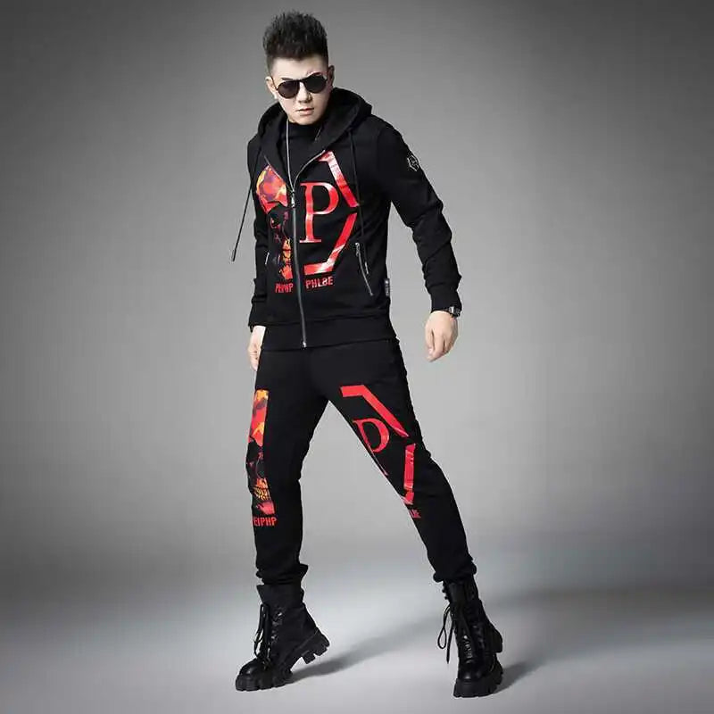 2024 Mens Two Piece Sets Fashion Streetwear Casual Winter Suits Skull Pattern Hooded Black Tracksuit Men Clothes Ropa De Hombre.
