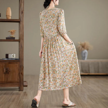Kurzarm übergroße Baumwolle Satin Vintage Blumen neu in Kleidern für Frauen lässig lose lange Sommerkleid elegante Kleidung.