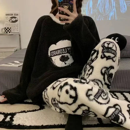 2 Teile/satz Verdickte Warme Flanell Plus Größe frauen Pyjamas Tops und Hosen Nachtwäsche Homewear Winter Cartoon Bär Nachtwäsche
