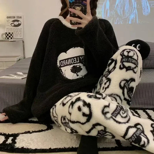 2 Teile/satz Verdickte Warme Flanell Plus Größe frauen Pyjamas Tops und Hosen Nachtwäsche Homewear Winter Cartoon Bär Nachtwäsche
