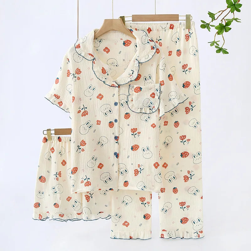 Pajamas pure cotton three-piece set spring and summer thin crepe autumn gauze lapel short-sleeved trousers shorts loungewear set