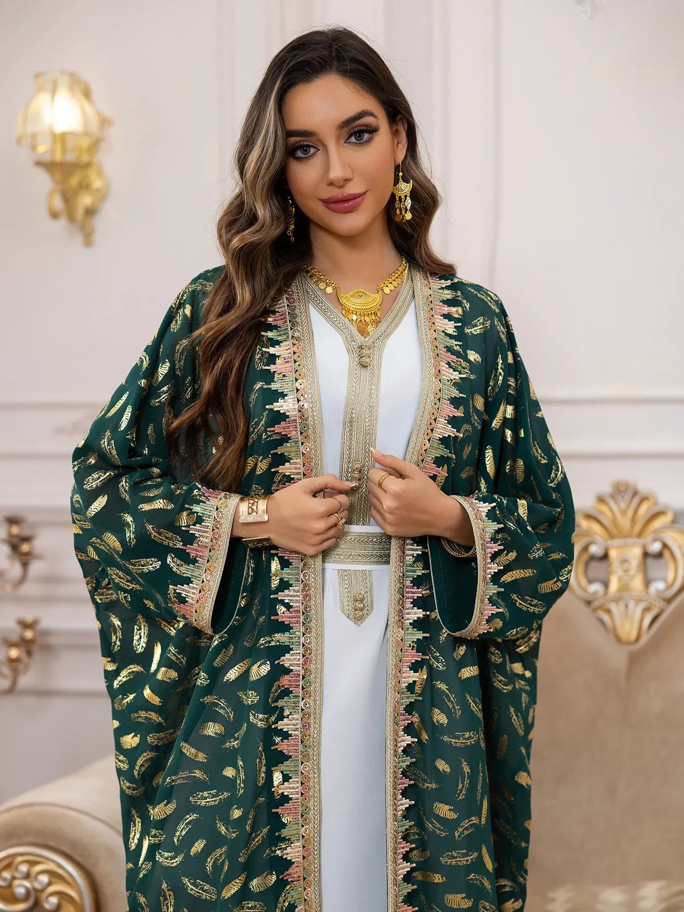 Muslim Abaya 3 Piece Set Women Party Dresses Cardigan Robe Sashes Suit Bronzing Jalabiya Ramadan Morocco Dubai Kaftan Vestidos.