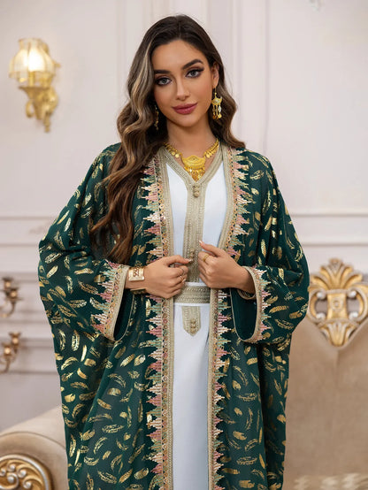 Muslim Abaya 3 Piece Set Women Party Dresses Cardigan Robe Sashes Suit Bronzing Jalabiya Ramadan Morocco Dubai Kaftan Vestidos.