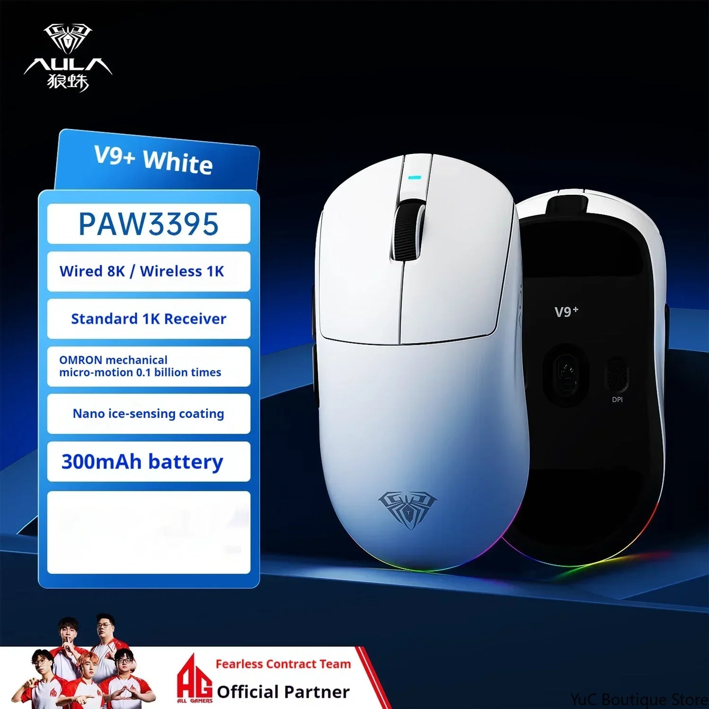 New Aula V9 Ultra Wireless E-sports Gaming Mouse Double 8k 3mode PAW 3950 8k 55g Lightweight Ergonomic Mouse Custom PC Accessory
