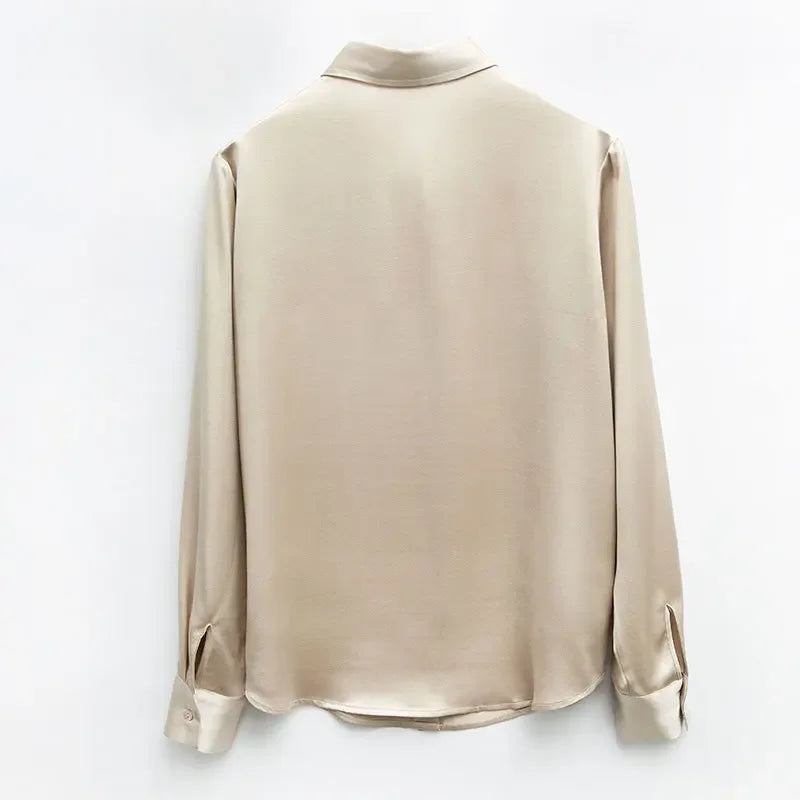 Women's French Style High Quality 40 MM Heavy Office Lady Solid Satin Silk Long Sleeve Shirt Ladies' Blouse.