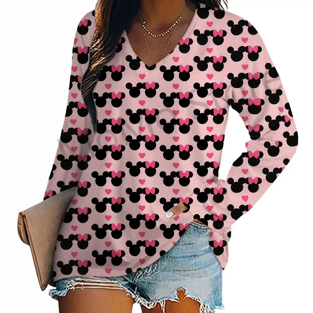 Women's Long Sleeve T-shirts Kawaii V-Neck S-3XL Mickey Lovely Disney High Quality 3D Print New Youthful Woman Clothes Minnie.