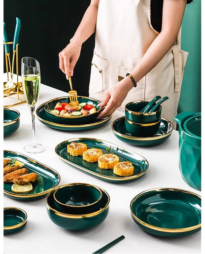 High-end Green Ceramic Plate Home Porcelain Dinner Plate Exquisite Ceramic Bowl Custom Large Size Fish Plate Kitchen Accessories.