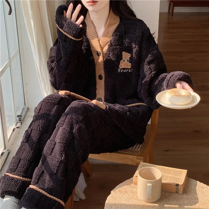 Winter Women Warm Fashion Pajama Sets Sweet   Elegant French Style Girlish Leisure Thicken Flannel Comfort Pajamas.