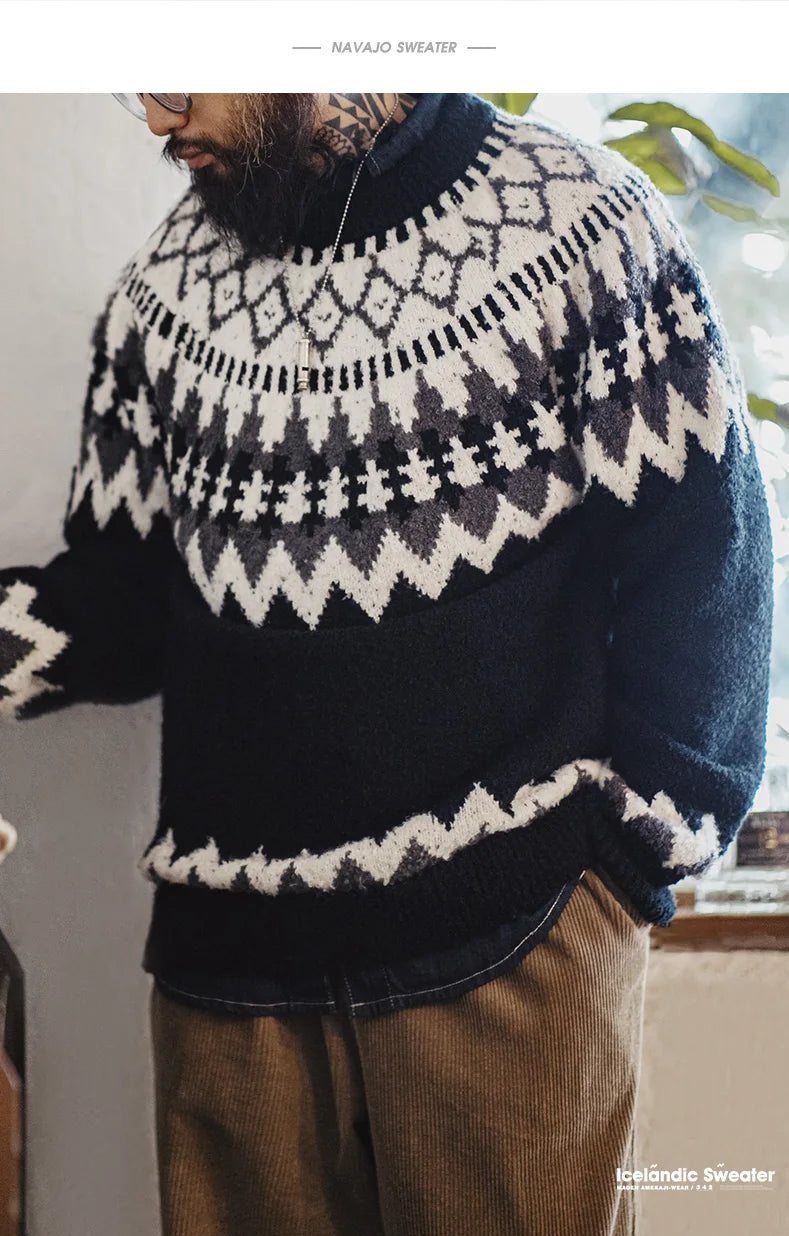 Maden Vintage Heavyweight Fair Isle Icelandic Sweater Round Neck Jacquard Bottom Knitwear Thickened Warm Pullovers for Christmas
