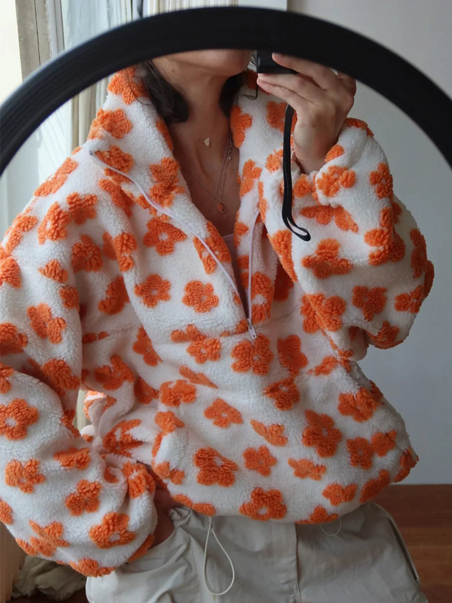 Sumuyoo Autumn Winter Women's Sherpa Floral Pullover Hoodies Half Zip Style Loose Fit Warm Stylish New Sweatshirt.