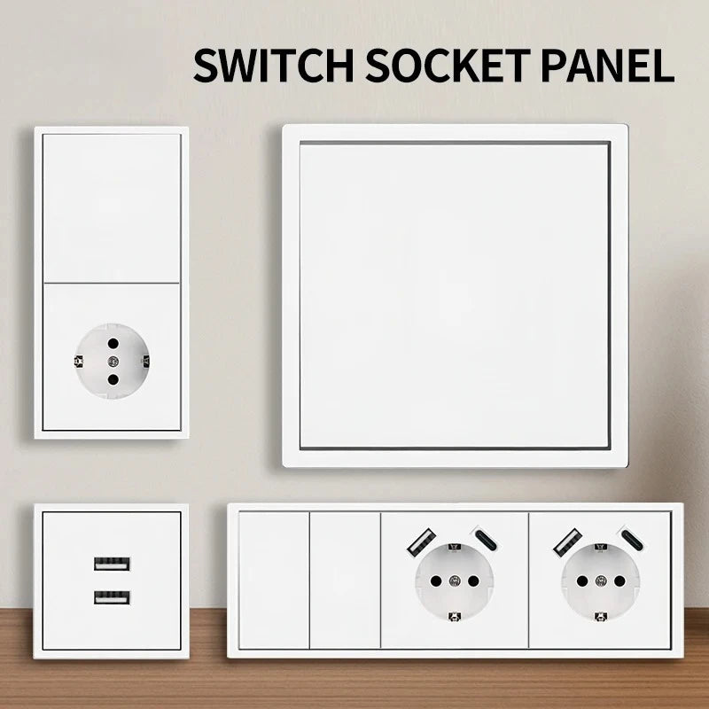Europäische Wandsteckdose, EU-Steckdose, USB-Typ-C-Ladeanschlüsse, 1/2-Gang-Lichtschalter, 16 A 250 V, Unterputzmontage, weißes Panel, 80 x 80 mm.