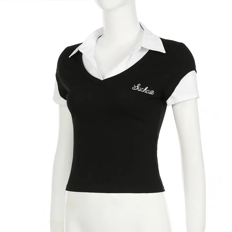 Women's Short Sleeve T-Shirt, Slim, Turn-Down Collar, Preppy Style, Patchwork, Casual, Summer Fashion, Fake 2 Piece, 2024.