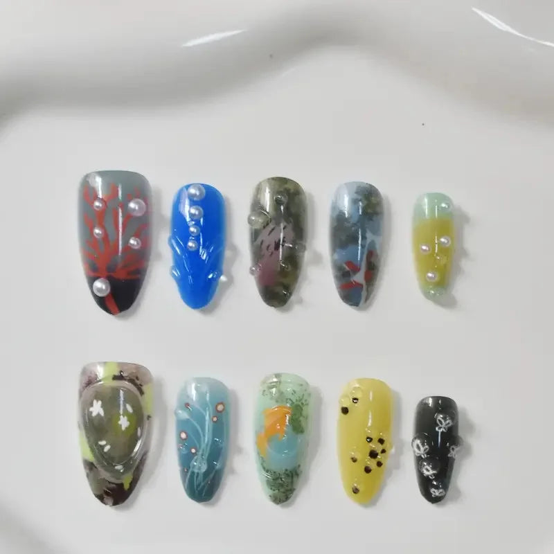 10pcs Handmade Press on Nails Cartoon Shark Pattern Design Fake Nails Wearable Detachable Ins Simple Almond Shaped False Nails.