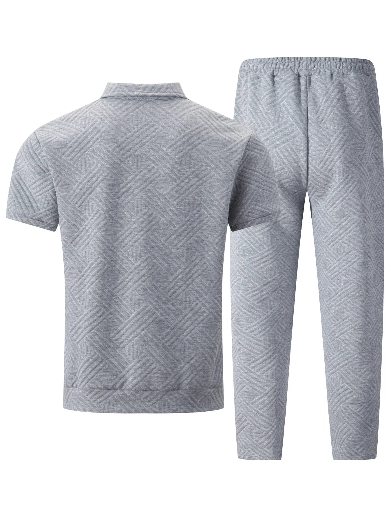 2025 Men's Casual and Fashionable short-sleeved jacket and shirt with solid-colored drawstring trousers two-piece set.