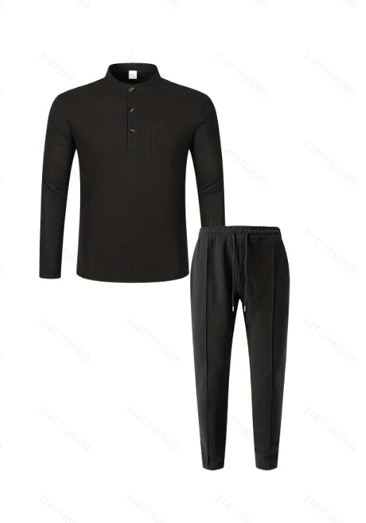 Men's Waffle Check Stand-Up Collar Semi-Casual Business Suit Two-Piece Set Button-Down Top with Comfortable Trousers.
