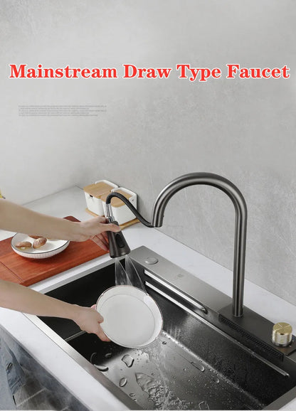 Wasserfall-Küchenspüle aus Edelstahl 304, Zughahn, Einzelschlitz, Hochdruckbecher, Waschmaschine, Café, Weinbar, Waschbecken