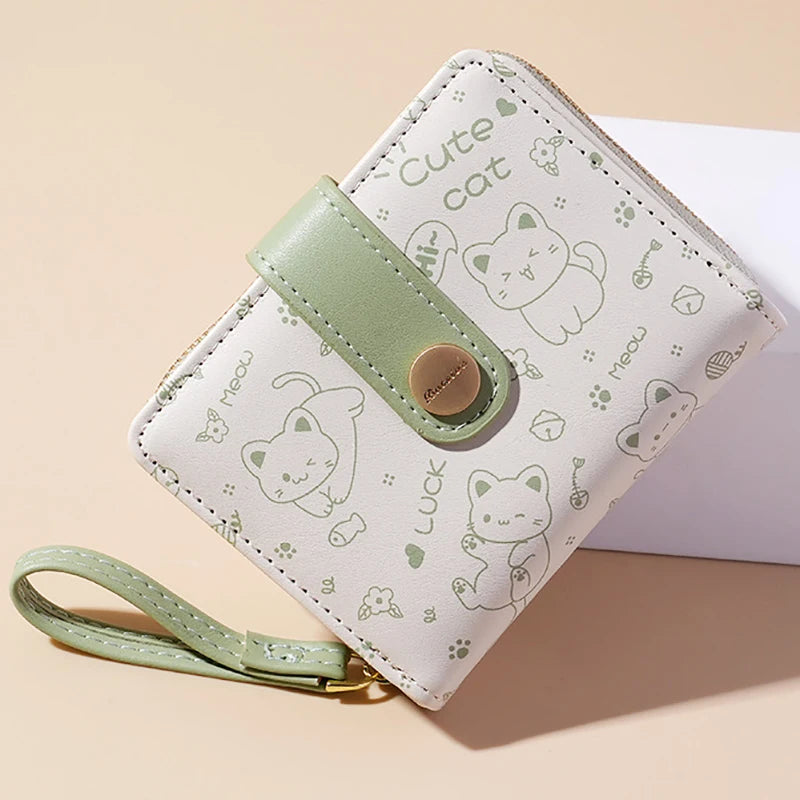 Japanese Cute Cat Girls Wallet Short Student ID Bank Card Holder Money Bag Zipper Wallets For Women Key Storage Purse Coin Purse.