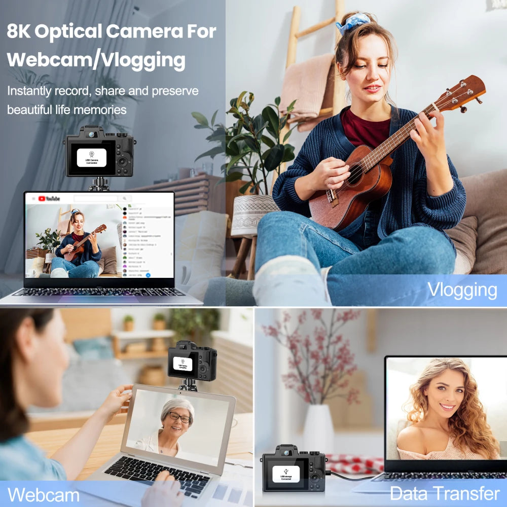 8K Digital Camera for Photography, Front And Rear Dual lens Vlogging Camera with Autofocus, WiFi Touchscreen 16X Digital Zoom.