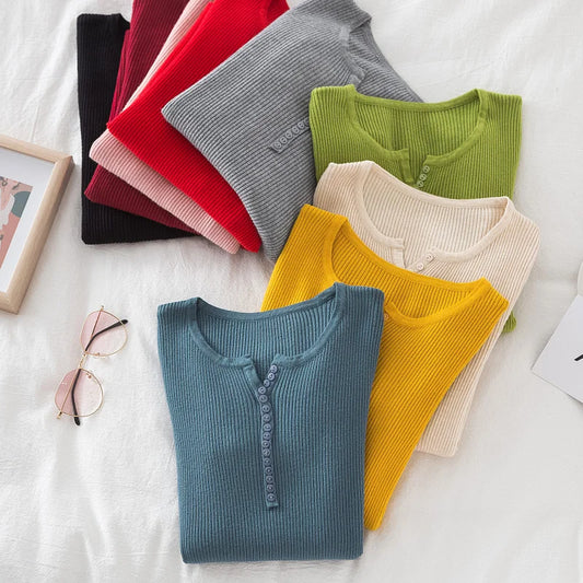 2026 weibliche Casual Tops Pullover Frauen Herbst Winter Gestrickte Dünne Pullover Feste Taste Volle Hülse V-ausschnitt Pullover