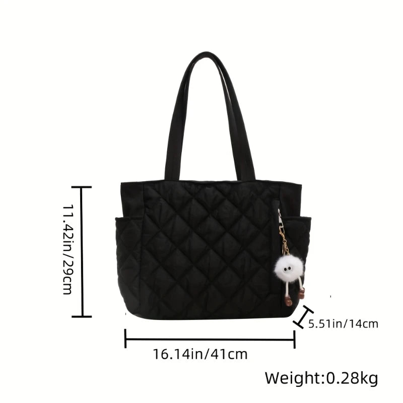 Black Large Capacity Handbag with Square Pattern, Durable Quilted Material, Multiple Pockets for Easy Storage & Cute Plush Charm.