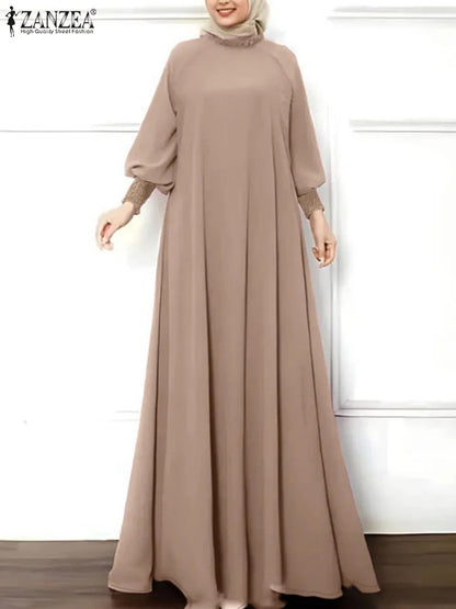ZANZEA Islamic Hijab Elegant Vestidos Muslim Fashion Shirring Cuff Women Long Sleeve Maxi Dress Solid Ruffled O Neck Abaya Robes.