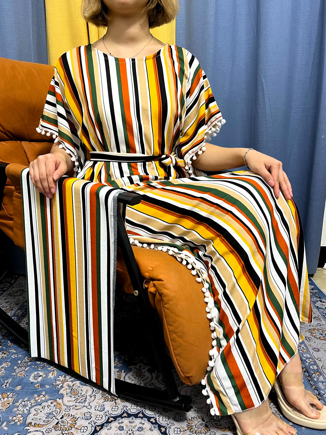 Abayas For Women 2024 Printed Vertical Stripe Tassels Elasticity Loose Fit Femme Robe African Woman Dresses With Belt Headscarf