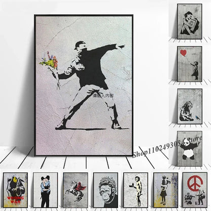Banksy Graffiti Artwork Canvas Painting Prints Wall Art Pictures Girl with Red Balloon Black White Posters Nordic Home Decor.