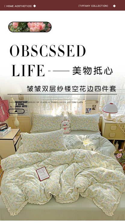 2025 new small fresh printing French lace lace double four-piece set bedding wrinkled yarn student three-piece set.