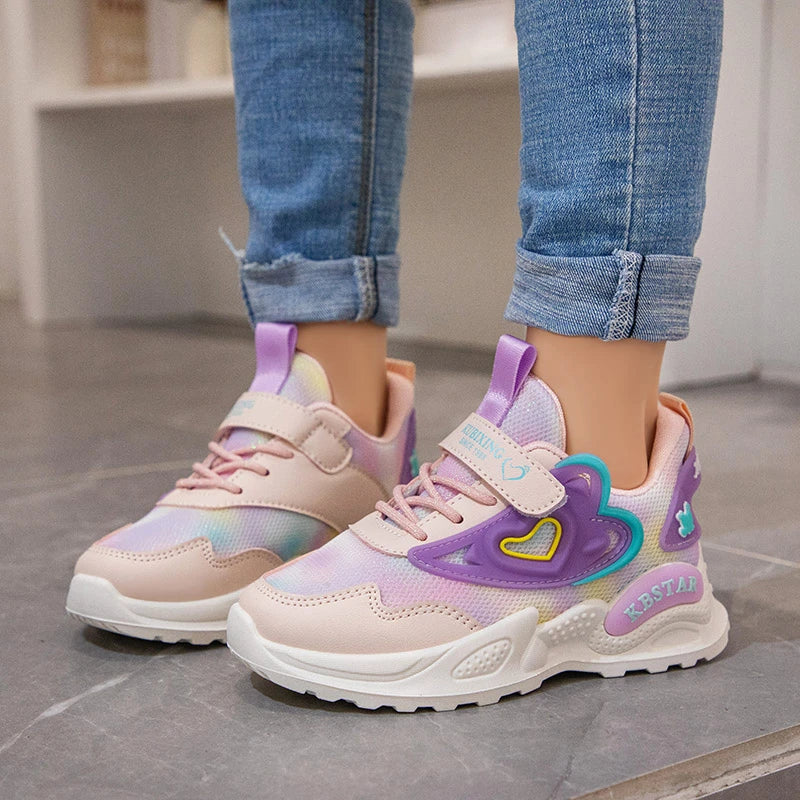 Girls Sports Shoes Kids Running Shoes Pink Breathable Air Mesh Heart Sweet Sneakers Cute Hook & Loop Children's Casual  Shoes.