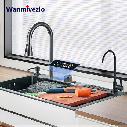 304 High 1uity intelligente Digital anzeige Wasserfall Küchen spüle großer Einzels chlitz integrierte Digital anzeige Wasserhahn Set