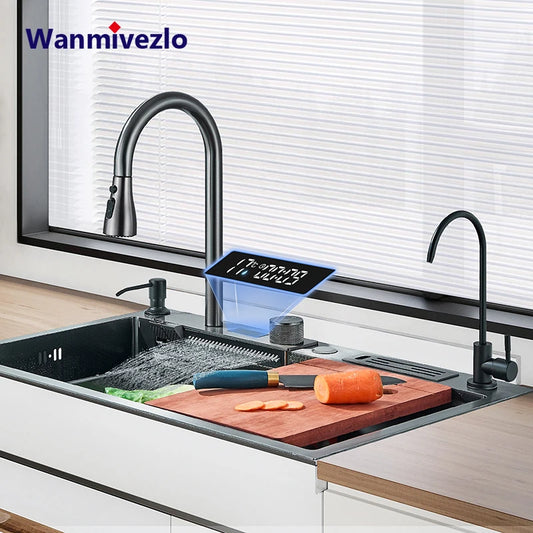 304 High 1uity intelligente Digital anzeige Wasserfall Küchen spüle großer Einzels chlitz integrierte Digital anzeige Wasserhahn Set
