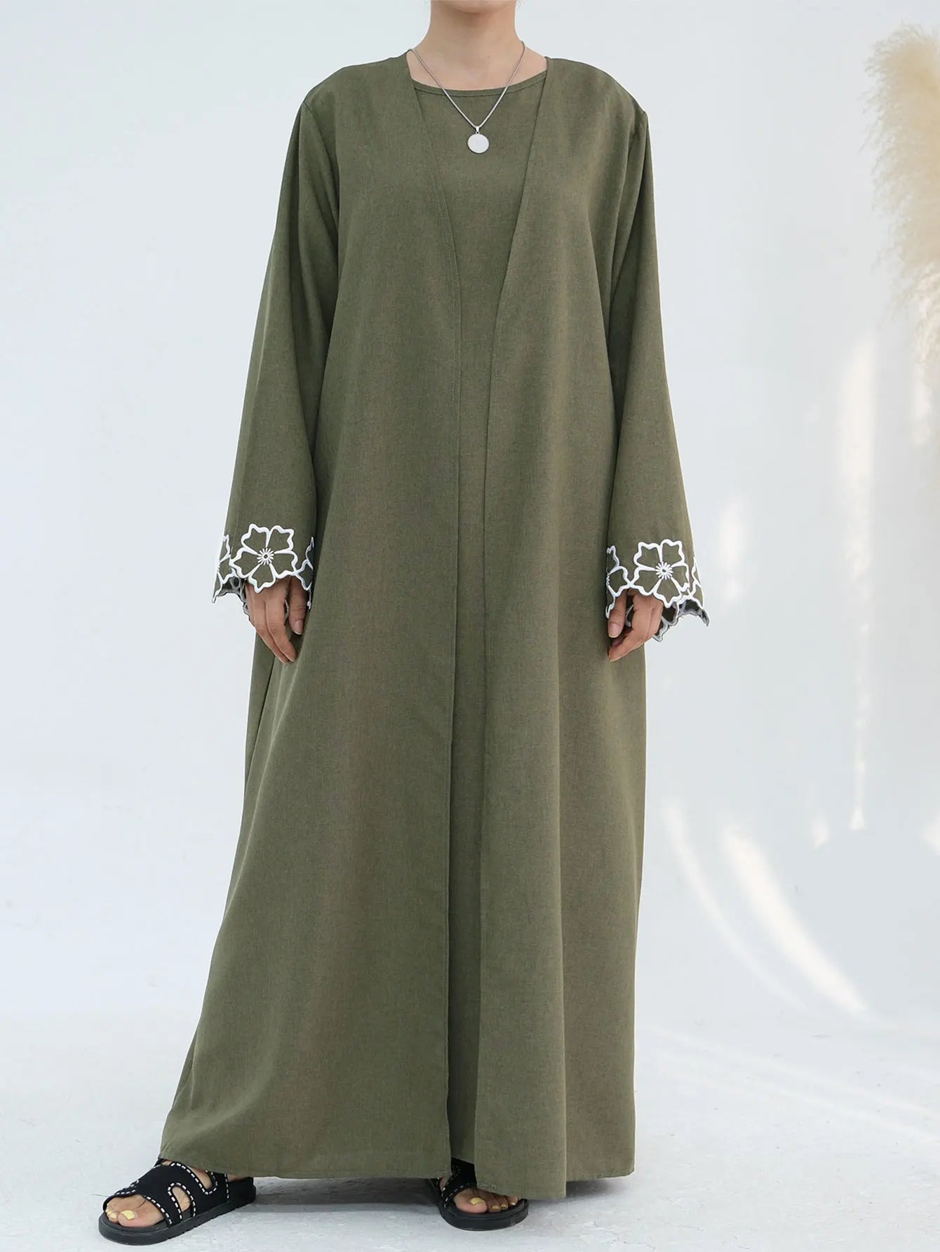 Chic Coffee Color Outer Piece Abaya Geometric Cuff Embroidery Ideal Modern Muslim Women Suitable for Daily/Semi formal Occasion.