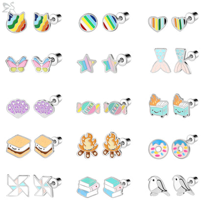 ZS 2Pcs/lot Stainless Steel Butterfly Star Heart Stud Earring Silver Color Earrings Ear Tragus Helix Tragus Piercing 20G Jewelry.