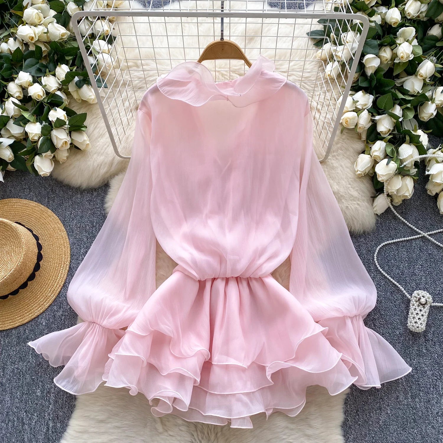 SINGREINY 3D Floral Strand Kurzes Kleid Weibliche Lange Ärmel Spitze Up Rüschen Chiffon Kuchen Sommerkleid Sheer Sexy Vintage Bohemian Kleid.