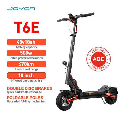 JOYOR T6E(ABE) Adult Electric Scooter 500W Motor 48V18AH Battery E-Mountain Escooter 10" Off-Road Tire Foldable E-Scooter