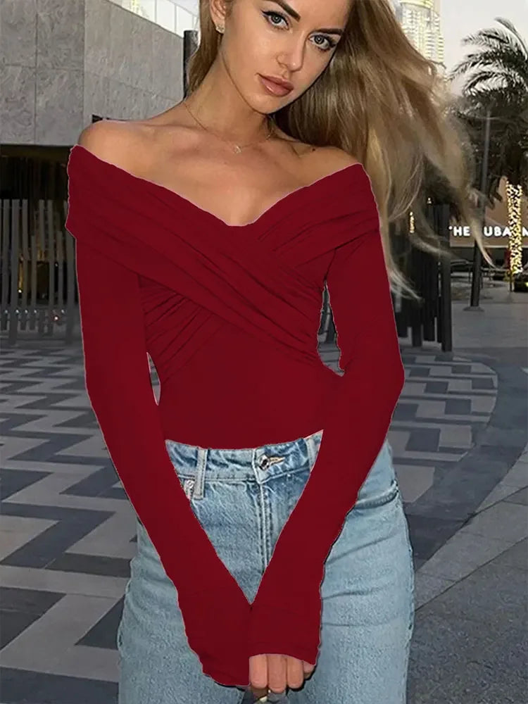 Women Spring Sexy Red Bodysuits Backless Solid Corset Slim Fashion Crossed Bodysuits Long Sleeves Casual Female Knitted Rompers