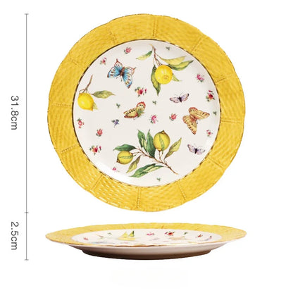 Europeanc Style Ceramic Dining Plate Elegant Lemon Pattern Dinner Steak Plate Coffee Cup Set Western Cuisine Dessert Plate